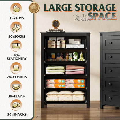 WLIVE Farmhouse 5 Drawer Dresser for Bedroom, Wood Dresser Storage Organizer, Tall Black Dressers with Double Rustic Handle, Chest of Drawers for Living Room, Hallway, Closet