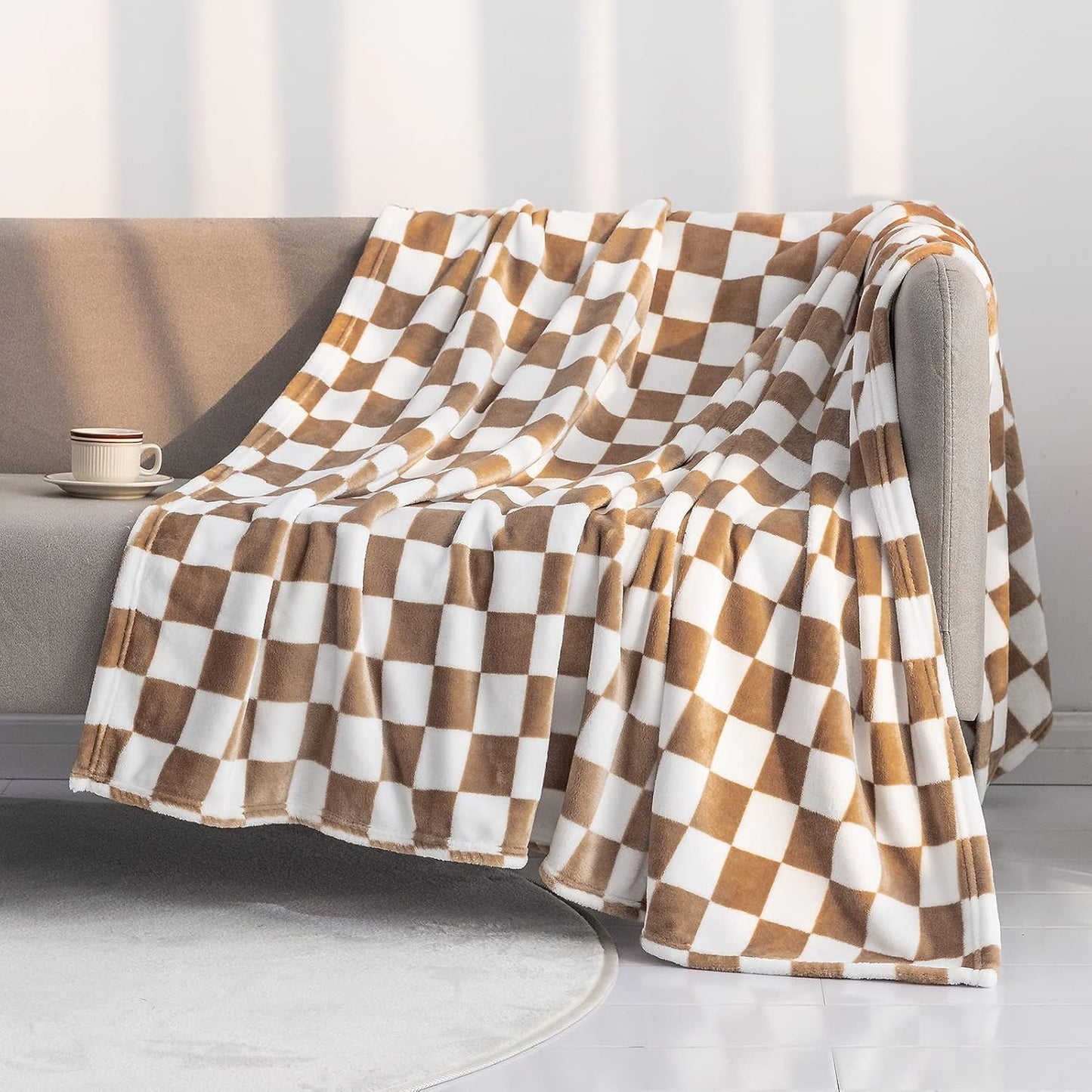 LOMAO Throw Blankets Flannel Blanket with Checkerboard Grid Pattern Soft Throw Blanket for Couch, Bed, Sofa Luxurious Warm and Cozy for All Seasons (Khaki, 90"x90")
