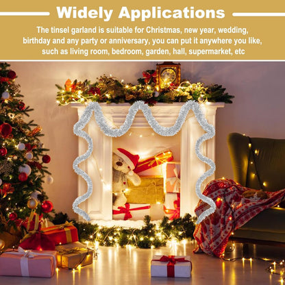 50 Feet Metallic Twist Tinsel Garland Wall Hanging Backdrop for Parade Floats, Christmas Eve, New Year, Valentine's Day Party Decorations (Silver, 2in x 50ft)