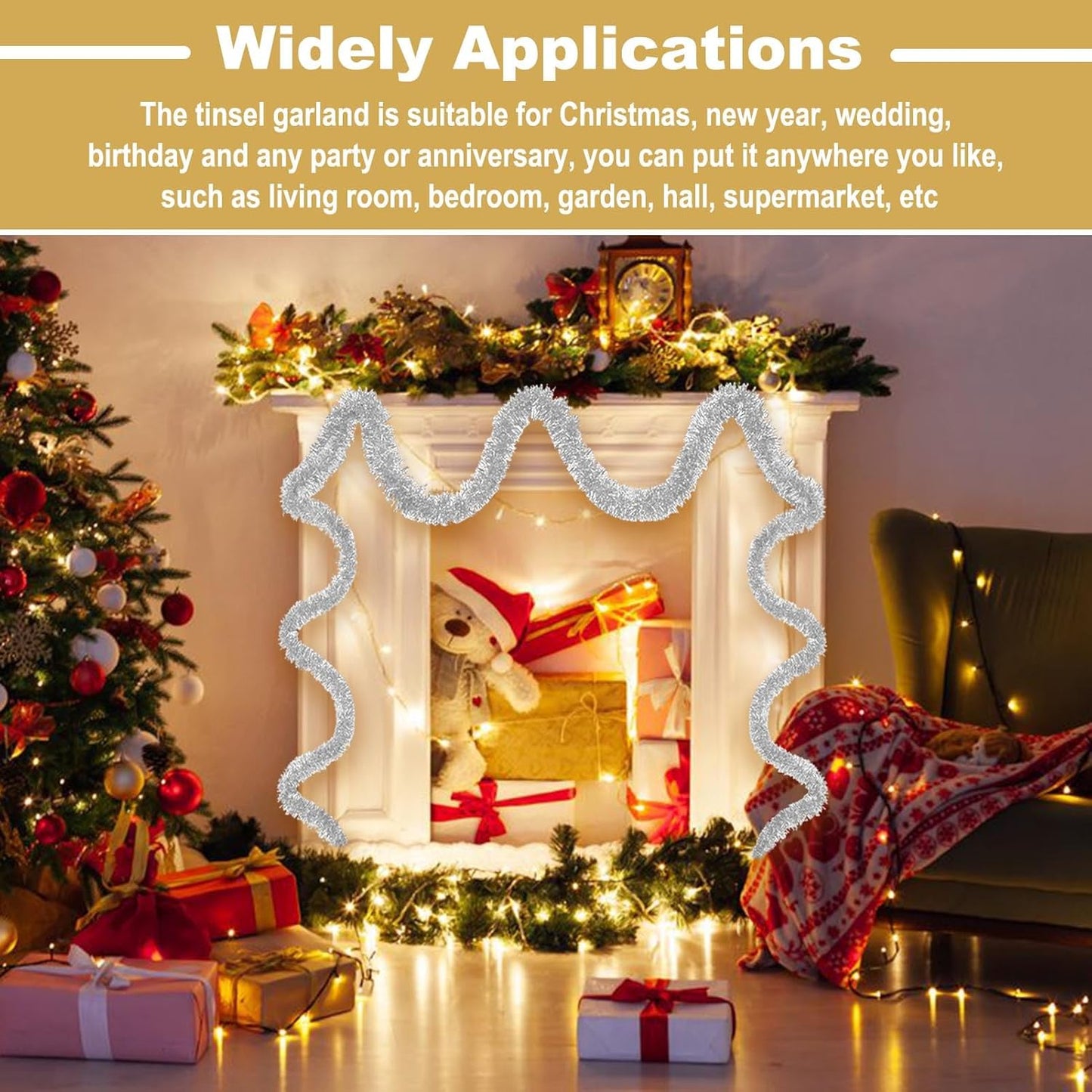 25 Feet Metallic Twist Tinsel Garland Wall Hanging Backdrop for Parade Floats, Christmas Eve, New Year, Valentine's Day Party Decorations (Silver, 4in x 25ft)