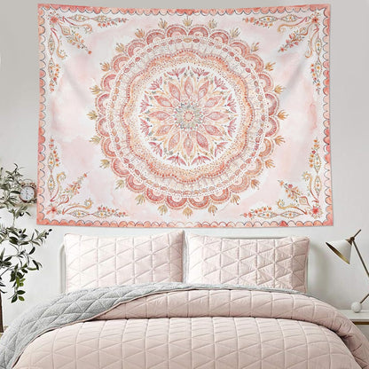 Fowocu Boho Floral Mandala Tapestry Wall Hanging Pink Bohemian Flower Medallion Tapestry Aesthetic Watercolor Hippie Indian Small Tapestries for Bedroom Living Room Dorm Decor 48 x 36 Inch