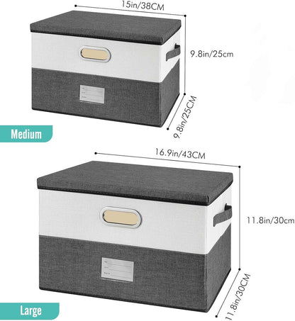 Large Linen Fabric Foldable Storage Bins with Removable Lid and Handles, Washable Storage Box Organizer Containers Baskets Cube with Cover for Bedroom,Closet,Office (Turquoise&Cream, Medium)