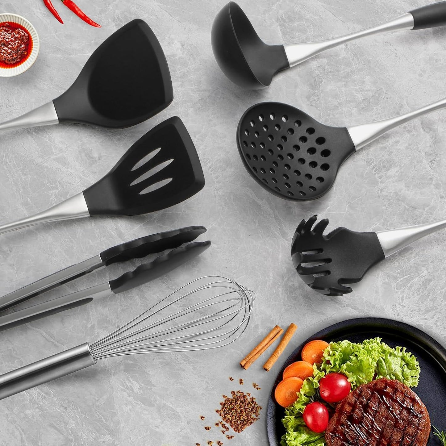 Premium Black Silicone Cooking Utensils Set - Non-Toxic, Heat Resistant& Non-Stick Kitchen Utensils Set with Spatula, Spoon, Whisk, Tongs, BPA Free, Dishwasher Safe, Black