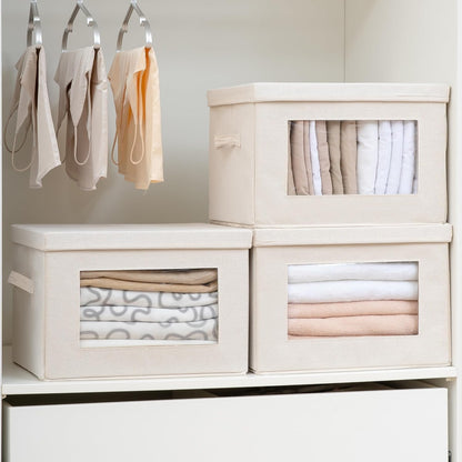 Citylife 3 Pack Storage Bins with Lids, Fabric Foldable Storage Bins with Soft Cord Handles, Canvas Storage Bin with Lid for Organizing Clothes, Blankets and Books, Beige
