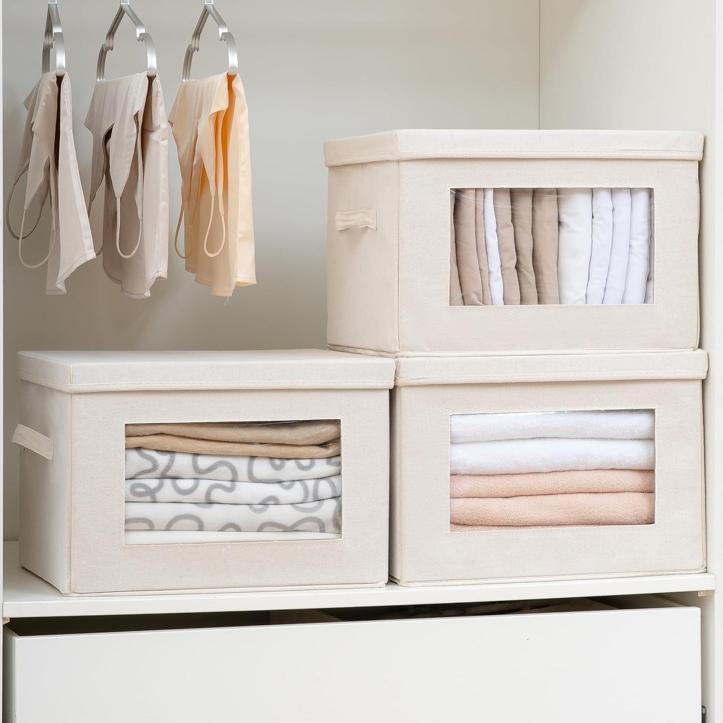 Citylife 4-Pack Storage Bins with Lids, Fabric Foldable Storage Bins with Soft Cord Handles, Cube Closet Storage Baskets with Lids, Organizers for Organizing Clothes and Books, Beige