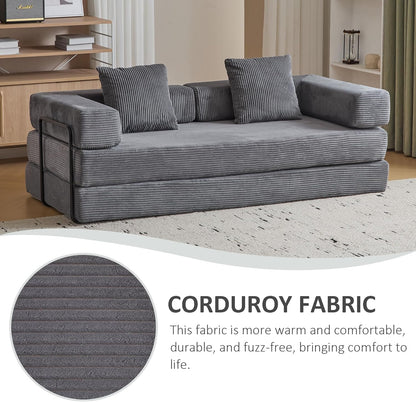 Convertible Sleeper Sofa Bed, Compression Folding Sofa with Pillow, No Assembly Required, Shape Frame, Floor Sofas Lounge Couch for Living Room, Bedroom, Small Spaces(Corduroy, 77''W, Dark Grey)