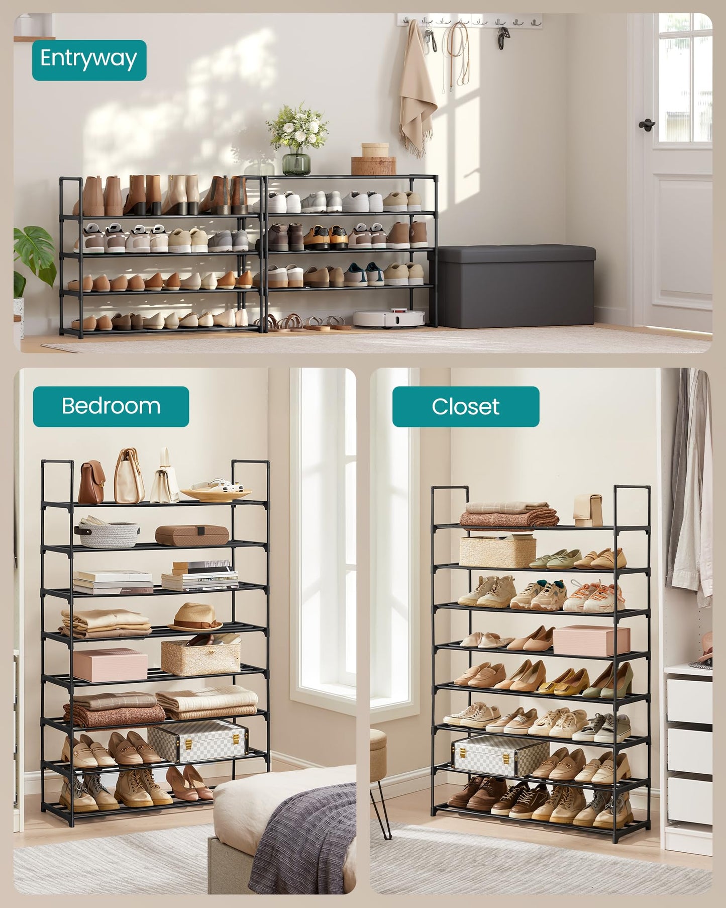 SONGMICS Shoe Rack, 8-Tier Shoe Organizer, Metal Storage Shelf, Upright or Upside Down, for 32-40