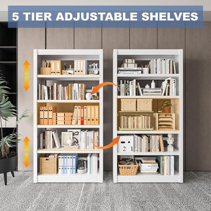 Metal Bookshelf Adjustable - 61" Tall White Bookcase, 5 Tier Book Shelf, Tooless Assembly Book Case, Modern Bookshelves and Bookcases for Home Office, Living Room, Bedroom, Study, Library
