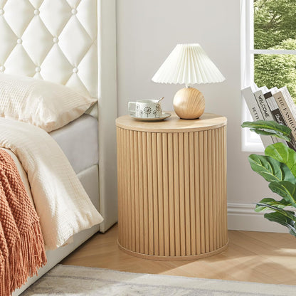 AVZEAR Small Round Side Table Fluted Night Stand Set of 2, Modern Boho End Table with Storage, Circle Bedside Tables Wood Nightstands for Small Spaces, Living Room, Bedroom (Nature)