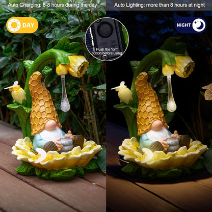 RM ROOMERS Gnome Garden Decor Solar Gnomes Decoration for Yard Decor Resin Sunflower Gnome Statue with LED Lights for Patio Honey Drip Home Gifts for Women Housewarming