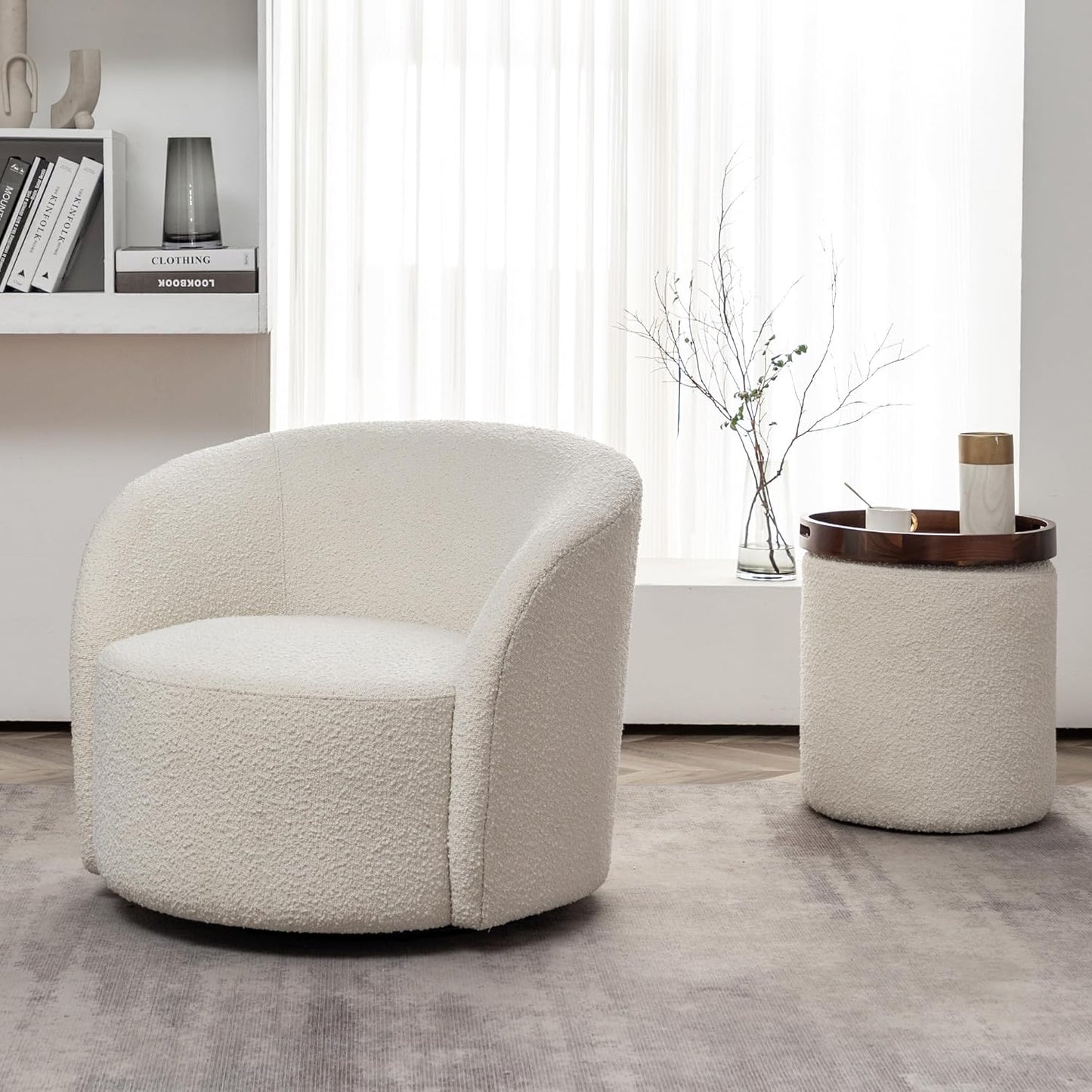KINWELL 34" Boucle Swivel Barrel Chair with 18" Round Ottoman Set, Fully Assembled Set of Sherpa Accent Chair and Footrest, Modern Comfy Armchair and Footstool for Living Room and Bedroom, Cream