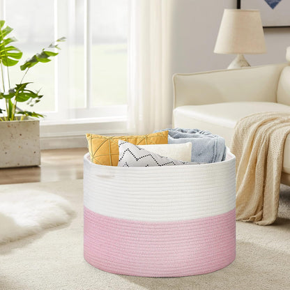 Ravinte Blanket Basket - 20"x 20"x 13" Cotton Rope Basket for Living Room, Baby Toy Storage Basket, Large Woven Laundry Basket (White-Pink)