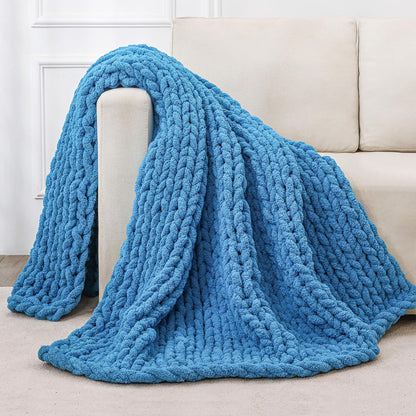 Bigacogo Chunky Knit Throw Blanket for Couch, 40x40 inches, 100% Hand Knitted with Thick Jumbo Chenille Yarn, Cozy Soft Large Rope Knot Cable Crochet Blankets for Sofa Bed Living Room, Bright Blue
