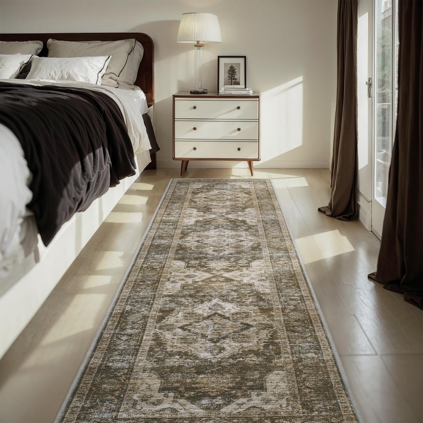 AMOAMI-2X10 Runner Rug-Washable Runners for Hallways-Soft Non Slip Bedside Rugs for Bedroom-Vintage Long Rug for Hallways Entryway Laundry Room Stair Kitchen Bathroom Brown/Coffee