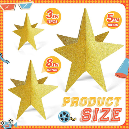 45 Pcs 3D Star Centerpieces Movie Night Decorations for Table in 3 Sizes Hanging Supplies for Red Carpet Film Show Theme Birthday New Year Party First Day of School Table Decor(Gold)