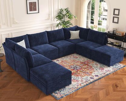 136.4" Oversized Modular Sectional Sleeper Sofa Bed, U Shaped Convertible Couch with Movable Ottoman, Large 8 Seat Corner Couches for Living Room Deep Seat Blue Chenille