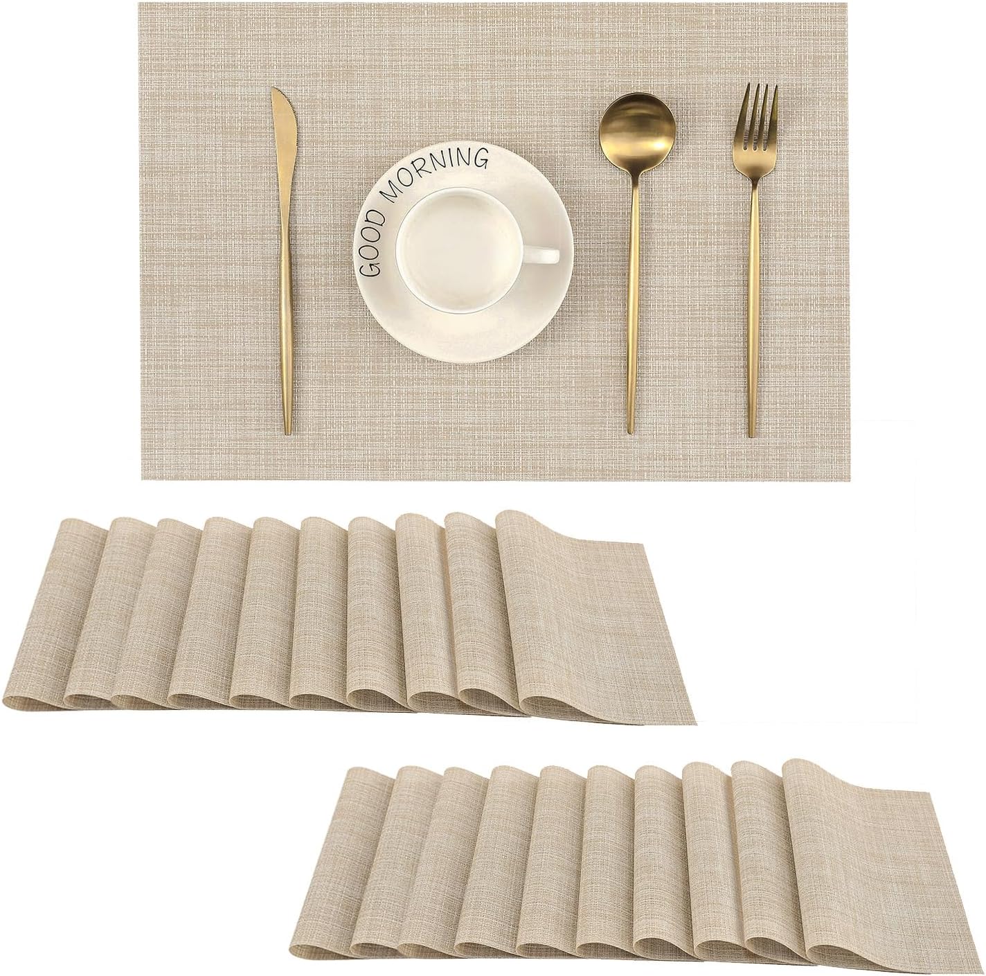 Leetaltree Beige Placemats Set of 20 - Heat Resistant Non-Slip Place mats for Dining Table, Washable Durable PVC Vinyl Woven Table Mats（Beige, 20）