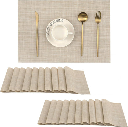 Leetaltree Beige Placemats Set of 20 - Heat Resistant Non-Slip Place mats for Dining Table, Washable Durable PVC Vinyl Woven Table Mats（Beige, 20）