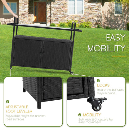 Wicker Outdoor Bar Cart - Black Patio Console Storage Table Buffet Cabinet Serving Kitchen Cart with Wheels for Outside Backyard