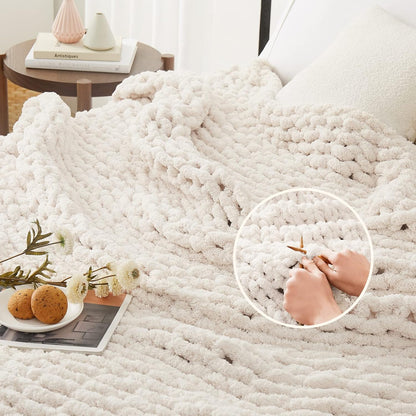 L'AGRATY Chunky Knit Blanket Throw: 80''x90'' Chenille Chunky Knitted Throw Blanket for Bed Couch - Handmade Thick Big Cable Knit Blanket - Large Chunky Crochet Rope Blanket for Home Decor(Ivory)