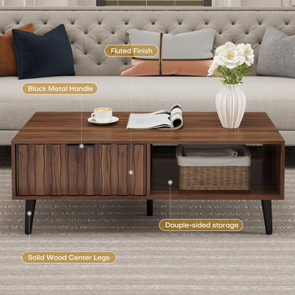 Mid Century Modern Coffee Table with Grooved Drawers & Open Storage, 47" MDF Walnut Wood Center Table with Black Solid Wood Legs, Retro Living Room Furniture