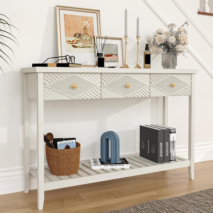 47" Fluted Console Table with 3 Drawers, Narrow Long Entryway Table with Storage Shelf, Sofa Tables for Entryway, Living Room, Behind Couch, Foyer, Hallway, Office (Beige)