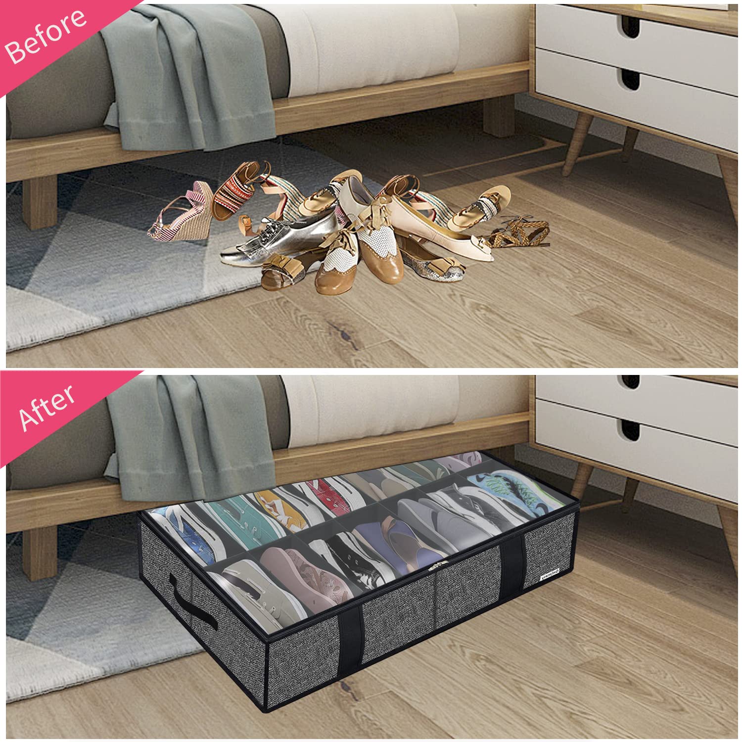Onlyeasy 2 Pack Under Bed Shoes Storage Bag Organizer (14+4 Pairs), Collapsible Shoe Boot Container