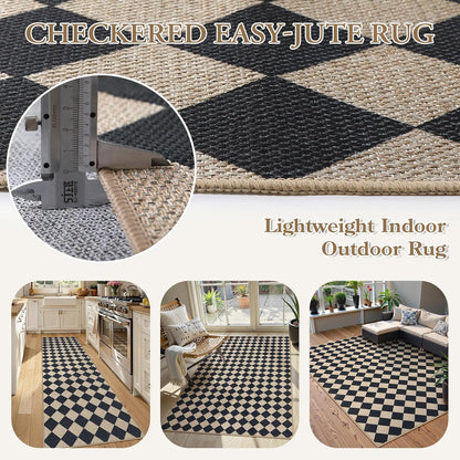 Lahome Checkered Dining Living Room Rug, 5x7 Washable Indoor Outdoor Easy Jute Rug, Farmhouse Neutral Diamond Non Slip Non Shedding Floor Carpet for Sunroom Deck Classroom Office