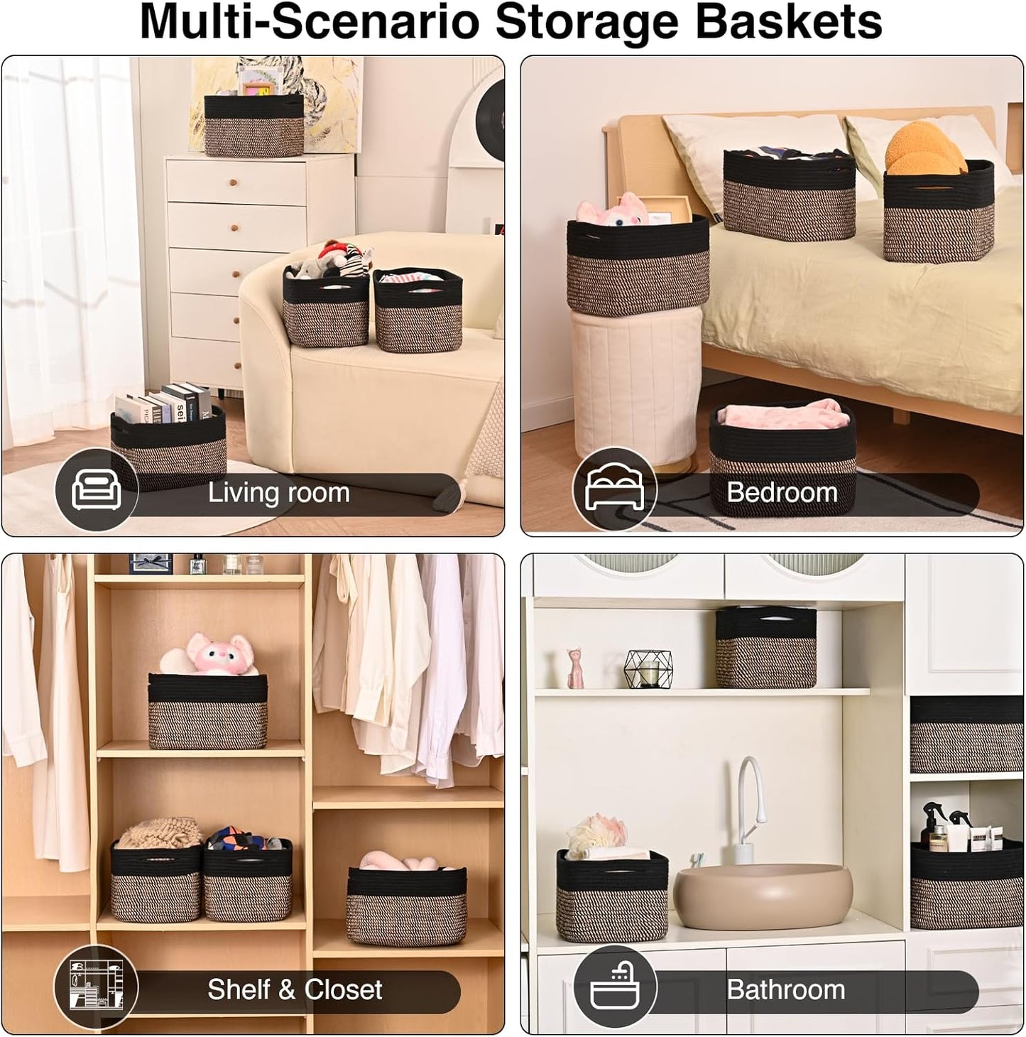 Storage Baskets for Shelves Organizing, Woven Cotton Rope Baskets for Storage, Book Basket, Decorative Shelf Basket, 12.5"Lx9.1''Wx7.9''H (4 Packs) Black & Jute