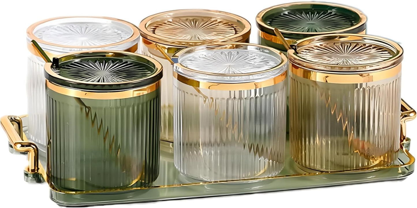 Acrylic Condiment Spice Jars,Condiment Spice Box With Lids and Spoons and Tray,Clear Plastic Condiment Canisters,Seasoning Box 6 Pack,Seasoning Box Set for Kitchen to Storage Salt,Paprika,Sugar