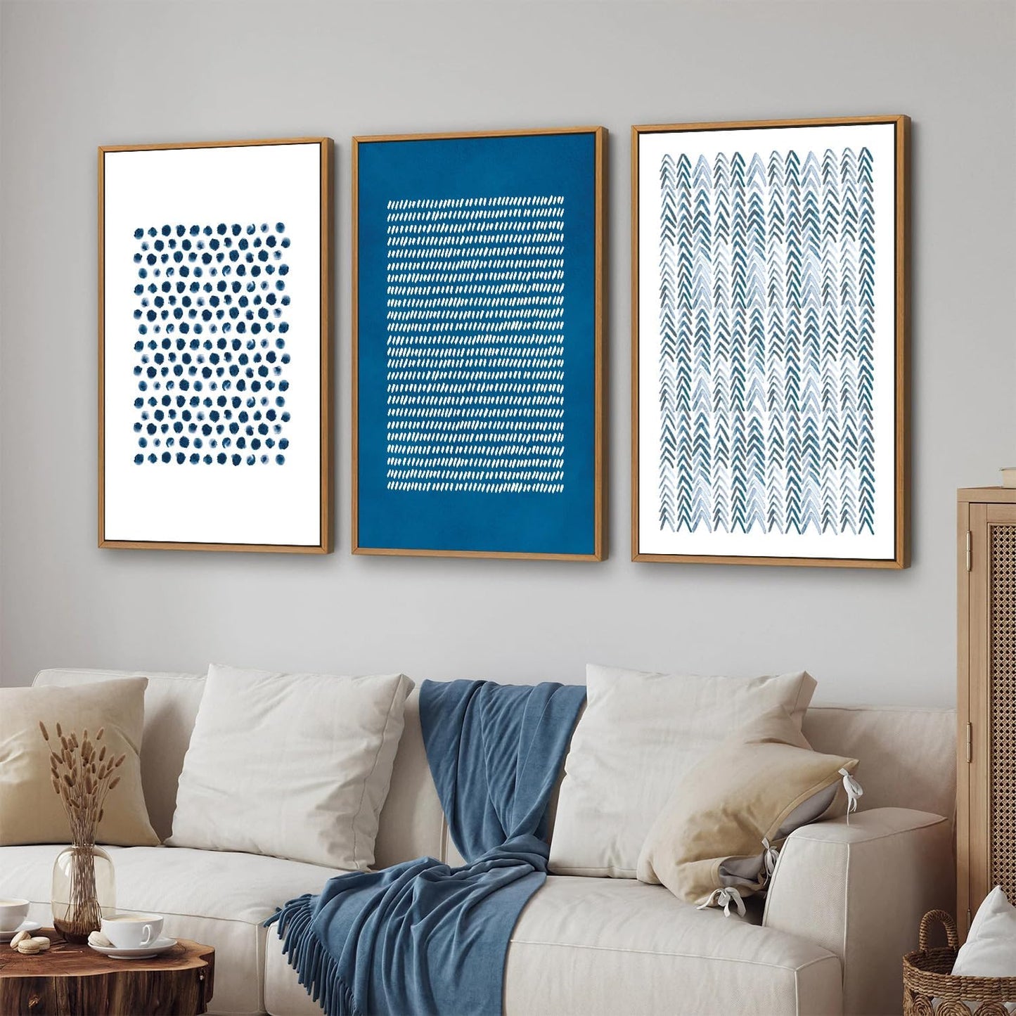 Tinonedraw Navy Blue White Framed Canvas Wall Art Set, Modern Geometric Dots Line Wall Decor, Neutral Abstract Shape Artwork, Cozy Contemporary Art Prints for Bedroom Living Room Office 16"x24"x3