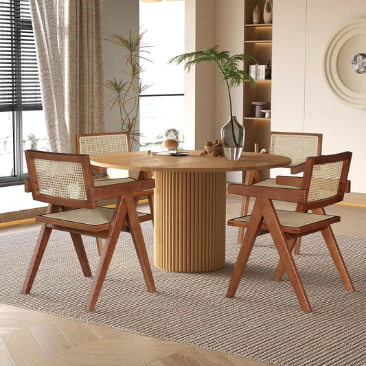 Rattan Walnut Mid Century Modern Dining Chairs Set of 4, Comfy Armchairs with Cane Back, Outdoor