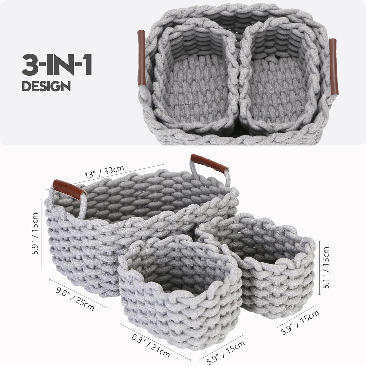 Sea Team 3-Pack Rectangle Woven Cotton Rope Storage Baskets with Handles, Shelf Basket, Closet Organizers, 3-in-1, Gray