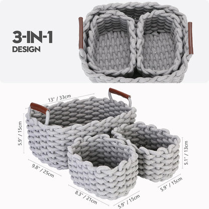 Sea Team 3-Pack Rectangle Woven Cotton Rope Storage Baskets with Handles, Shelf Basket, Closet Organizers, 3-in-1, Gray