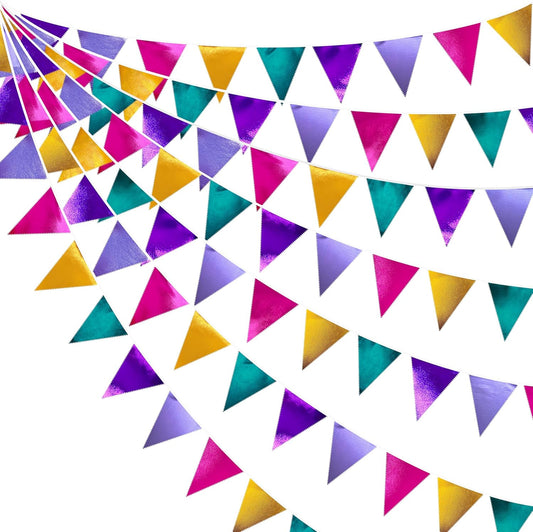 Colorful Party Decorations Hot Pink Teal Purple Metallic Fabric Triangle Pennant Banner Flag Bunting for Fiesta Carnival Rainbow Multi-color Birthday Wedding Baby Shower Holiday Outdoor Party Supplies