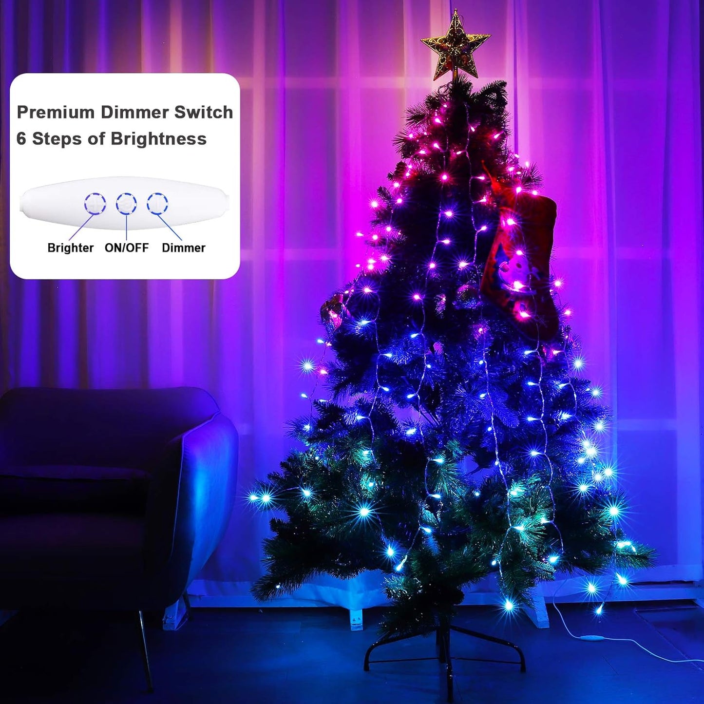 Pink Purple & Blue Ombre LED Curtain Lights with Remote, Rainbow Waterfall String Lights Ombre Hanging Fairy Mermaid Light for Teen Room, Girls Room, Mernaid, Bedroom, Birthday, Cute Halloween Décor