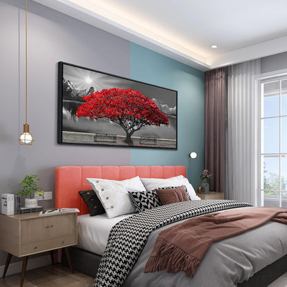 Framed Black and White Red Tree Wall Art Canvas Print Picture Large Red Tree Landscape Modern Artwork for Living Room Bedroom Office Home Wall Decor With 24X48inch