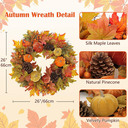Fall Wreaths for Front Door 26'' Autumn Velvet Pumpkin Wreath with Metal Hook Large Harvest Maple Wreath Fall Decoration for Home Halloween Thanksgiving Decoration, Briful