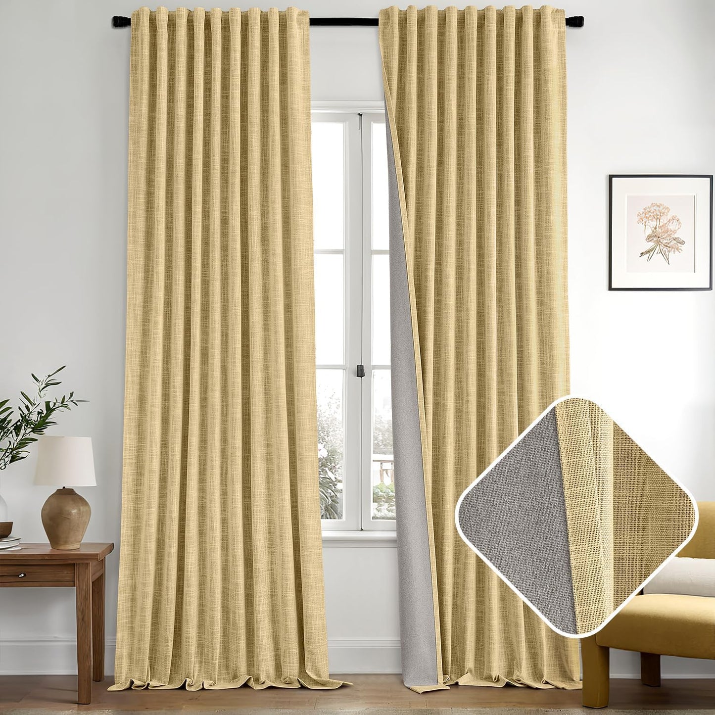 MIULEE Yellow 100% Blackout Linen Curtains 96 Inch 2 Panels Set Double Sided No Coating Pinch Pleated Back Tab Floor to Ceiling Black Out Thermal Insulated Bedroom Living Room Darkening Window Drapes