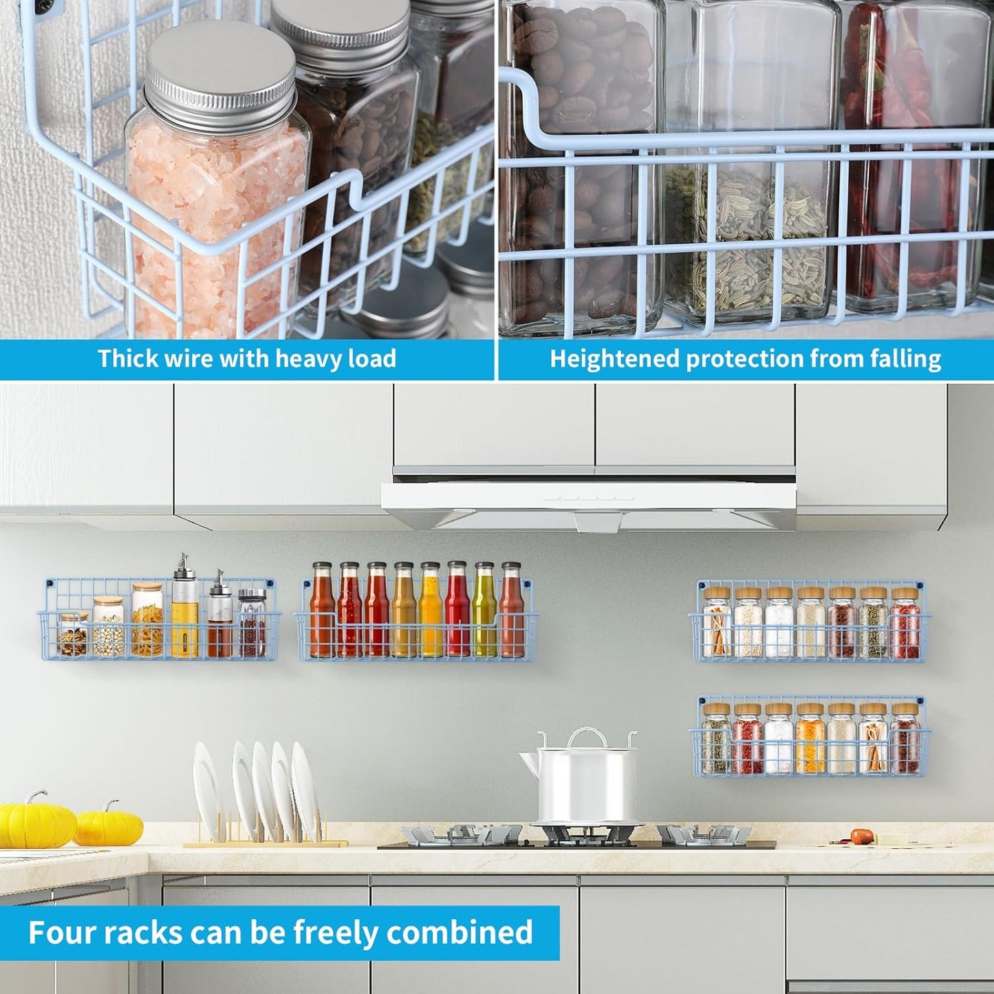 Spice Rack Wall Mount, Wall Spice Organizer for Kitchen Cabinet Door, Pack of 4 Hanging Spice Rack for Wall Saving Kitchen Space, Light Blue