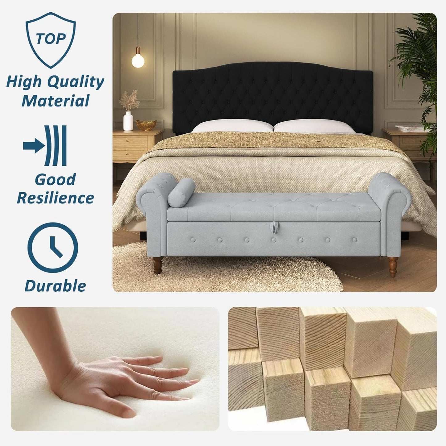 Storage Ottoman Bench for Bedroom, 63" End of Bed Bench with Rolled Arms Upholstered Ottoman Bench Fit for Bedroom, Living Room, Entryway, Velvet Light Gray