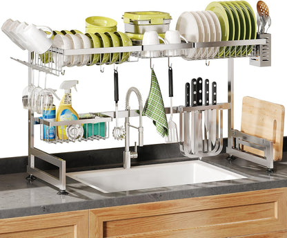 2 Tier Extra Large Stainless Steel Expandable Over The Sink Dish Drainer Drying Rack, Rust Proof Metal, Space Saving, Modern Silver Big Capacity Extendable Plate Strainers Above Kitchen Counter