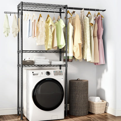 Over Washer and Dryer Shelves,3 Tier Adjustable Wire Shelving Laundry Room Storage Organization Clothes Drying Rack with Mounted on the Wall Expandable Hanger Rods&Hook,55"~74.5"Wx13.4"Dx77"H