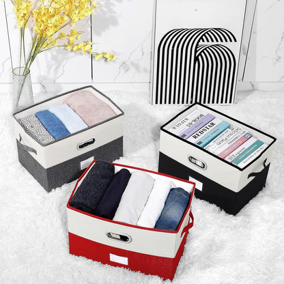 Large Linen Fabric Foldable Storage Bins with Removable Lid and Handles, Washable Storage Box Organizer Containers Baskets Cube with Cover for Bedroom,Office(Red&Cream, Large)