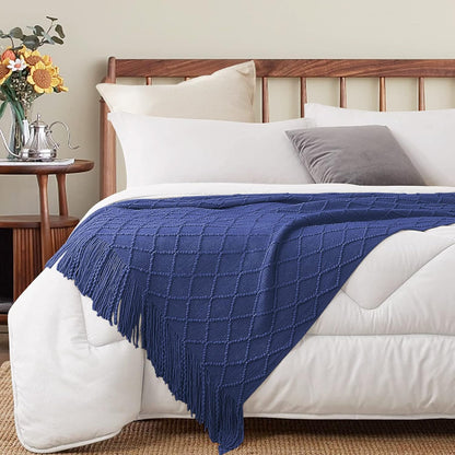 inhand Navy Blue Throw Blanket for Couch and Bed, Soft Living Room Home Decor Knitted Twin Size Blanket, Outdoor Lightweight Breathable Summer Blanket, Farmhouse Warm Woven Decorative, 60"x80"