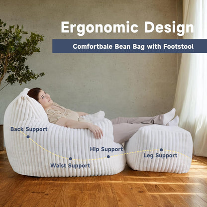Giant Bean Bag Chairs for Adults, Oversized Chaise Lounge Chair Indoor with Memory Foam - Plush Boneless Lounger & Ottoman for Bedroom, Living Room, Gaming & Reading, Lazy Floor Sofa Chair, Beige