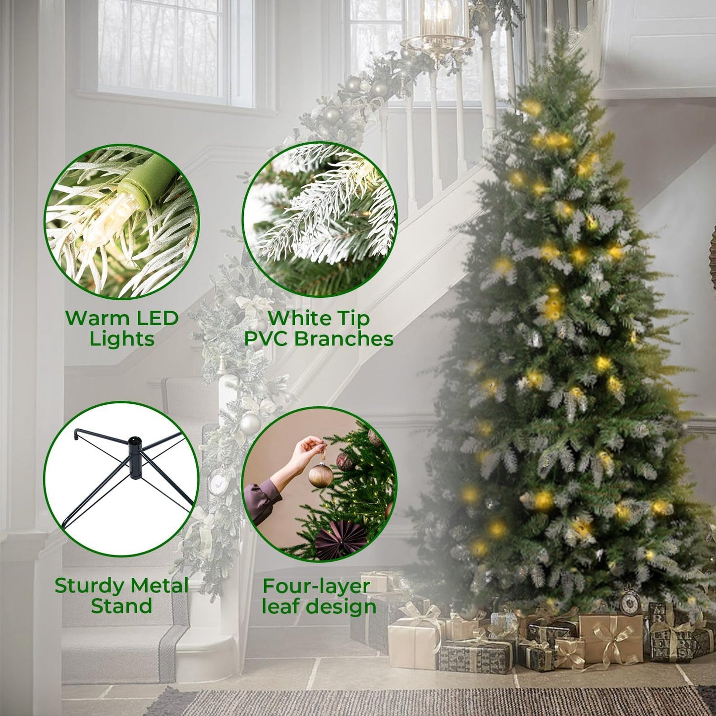 Naomi Home 7.5ft White Tip Christmas Tree with Lights, Realistic Light Snow Flocked Fir Prelit with 1746 Branch Tips, 550 Warm Lights and Metal Stand, Aritificial Tree