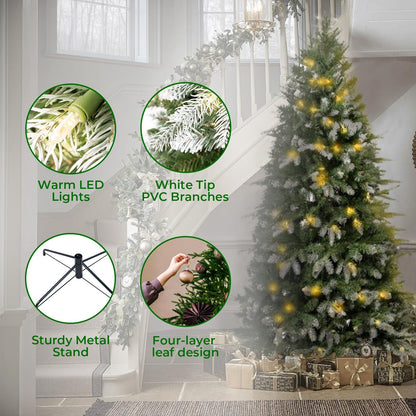 Naomi Home 4.5ft White Tip Christmas Tree with Lights, Realistic Light Snow Flocked Fir Prelit with 679 Branch Tips, 200 Warm Lights and Metal Stand, Aritificial Tree