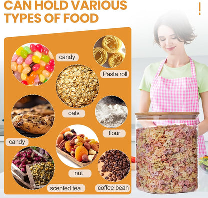 Glass Food Storage Jars 150 Set of 2,Glass Storage Containers Clear Glass Food Canister with Bamboo Lid Airtight For Serving Tea, Coffee, Flour, Sugar, Candy, Cookie, Spice and More (Square)