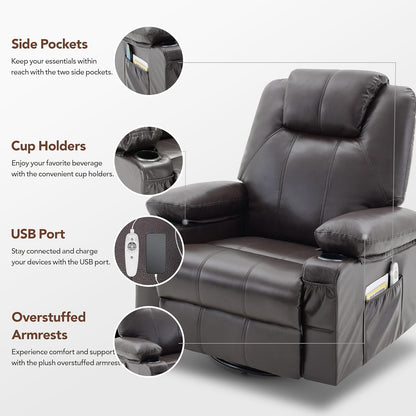 Oversized Swivel Rocker Recliner Chair with Heat and Massage, 360 Degree Swivel Rocking Single Sofa with Cup Holders and USB Port, Large Big Recliner Chair for Living Room (Leather, Brown)